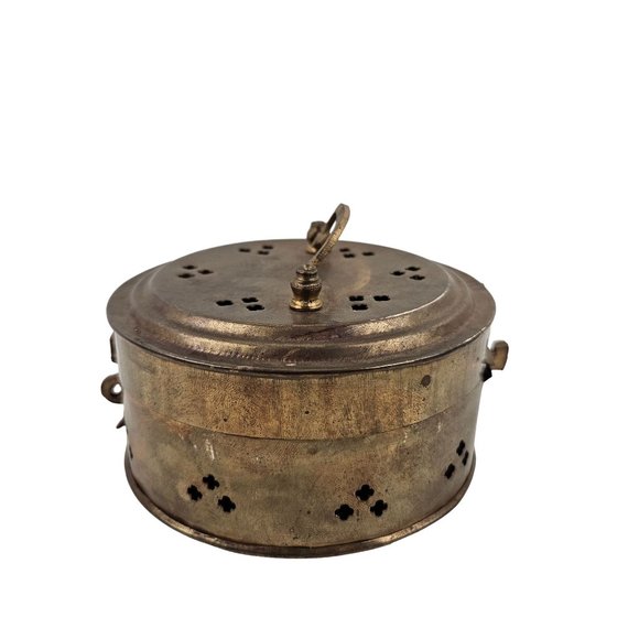 Vintage Round Cricket Keeper Box Trinket Potpourri Brass Handle Latch Lock - Picture 8 of 10